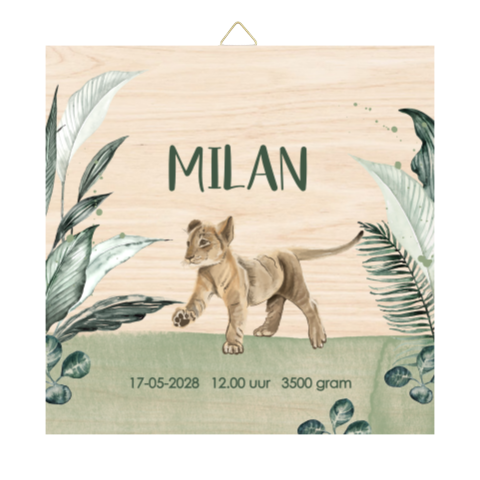 Houten tegel met leeuwtje in jungle