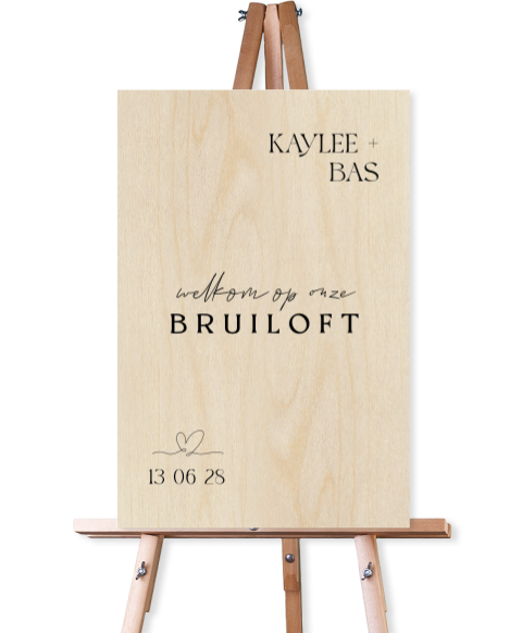 Houten welkomstbord bruiloft stijlvol typografisch