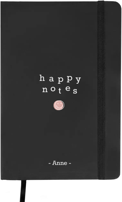 Notitieboek met happy notes tekst en stip als stijlvol relatiegeschenk