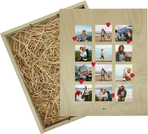 Gepersonaliseerde wijnkist groot met foto's en hartjes