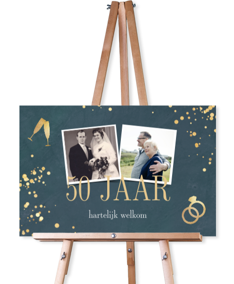 Welkomstbord jubileum blauw met goudlook spetters
