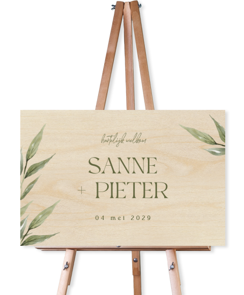 Welkomstbord van hout floral in groen tinten met botanische elementen