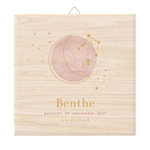 Houten geboortetegel met sterrenbeeld weegschaal