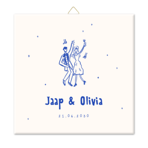 Tegeltje bruiloft met illustraties in blauw