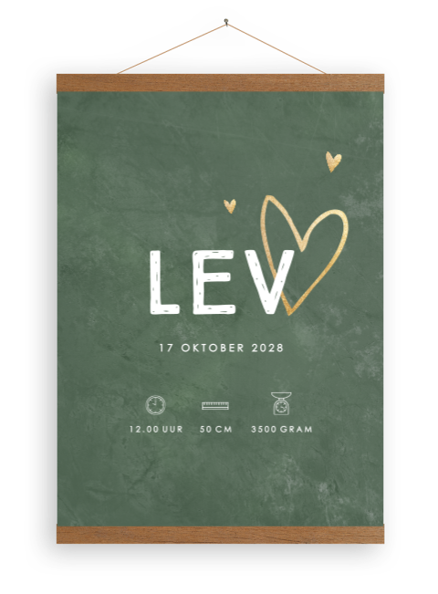 Canvasposter met houten latjes in groen met hartjes