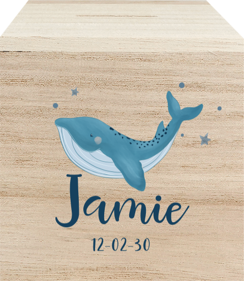 Houten spaarpot met naam en walvis