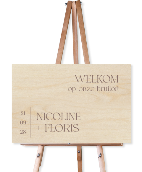 Welkomstbord van hout voor bruiloft minimalistisch