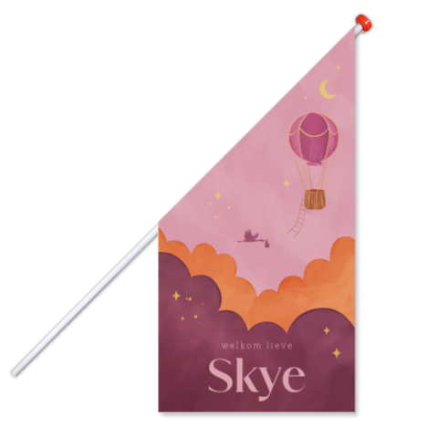 Geboortevlag met roze lucht en luchtballon