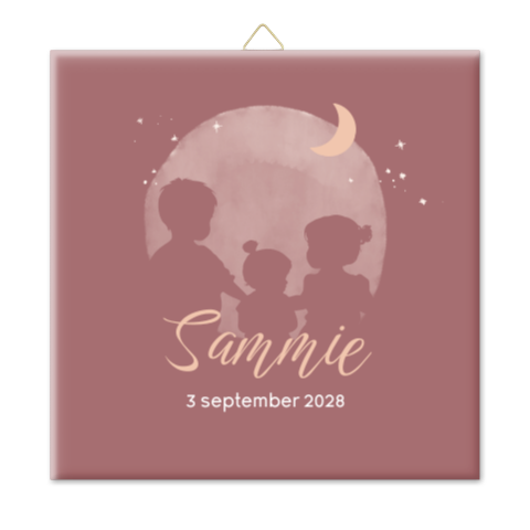 Geboortetegeltje in roze met silhouetjes en maan