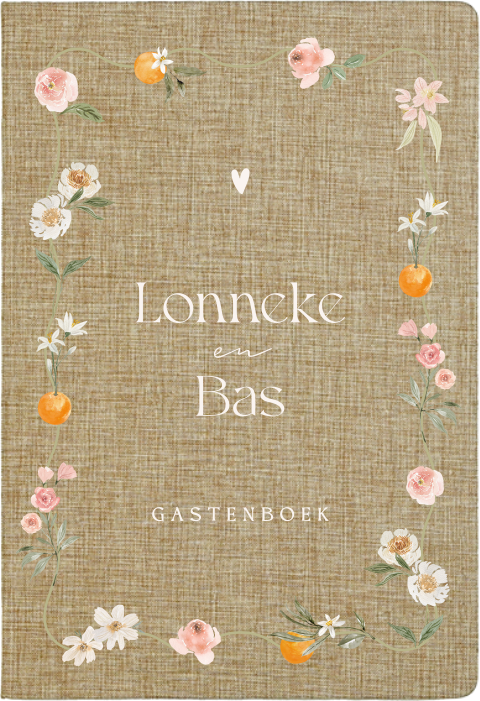 Gepersonaliseerd linnen gastenboek met zomerse bloemen en sinaasappels