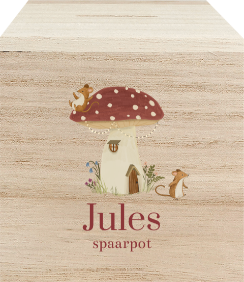 Houten spaarpot met naam en paddenstoel