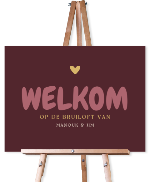 Welkomstbord bruiloft in rood en roze met speelse typografie