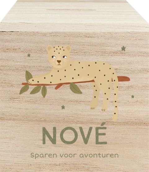 Houten spaarpot met luipaard en naam