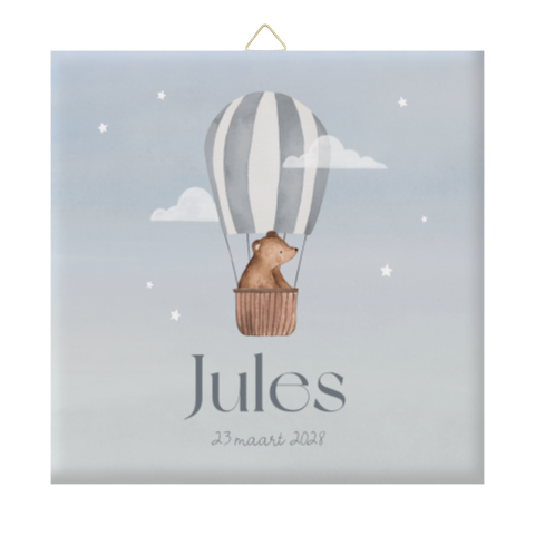 Geboorte tegeltje blauw met beertje in luchtballon