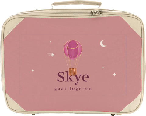 Logeerkoffertje met naam en roze luchtballon