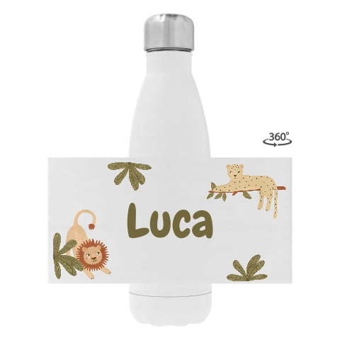 Rvs drinkfles met naam en leeuw en luipaard in de jungle