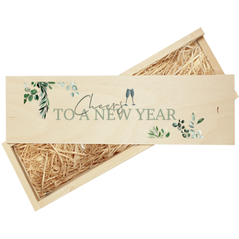 Relatiegeschenk gepersonaliseerde wijnkist met eucalyptus takjes