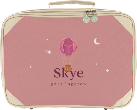 Logeerkoffertje met naam en roze luchtballon
