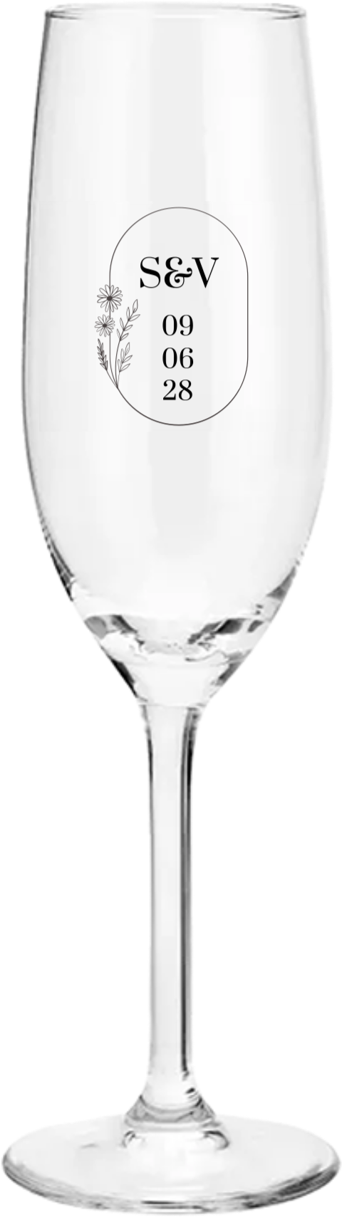 Champagneglas gegraveerd met bloemen en initialen