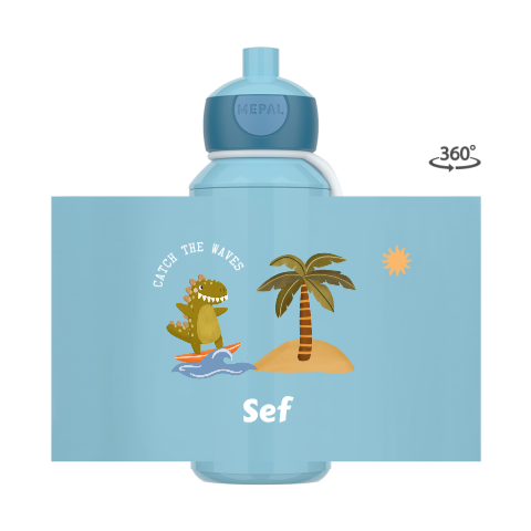 Mepal pop-up drinkfles met naam en dino op surfboard