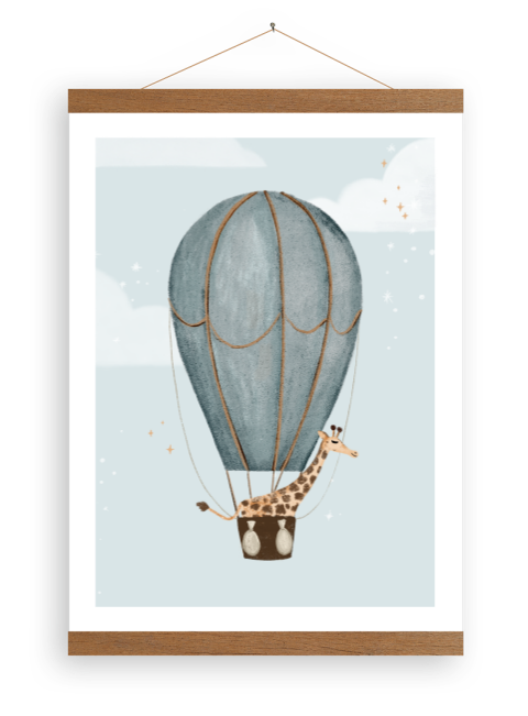 Canvasposter voor kinderkamer met giraf in luchtballon