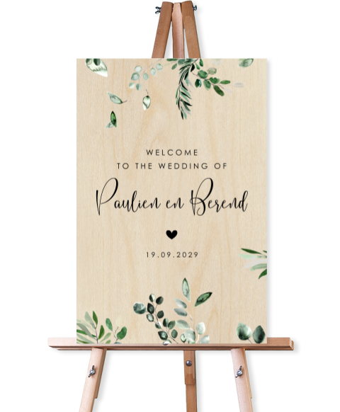 Houten welkomstbord bruiloft botanisch met hartje en eucalyptus takjes