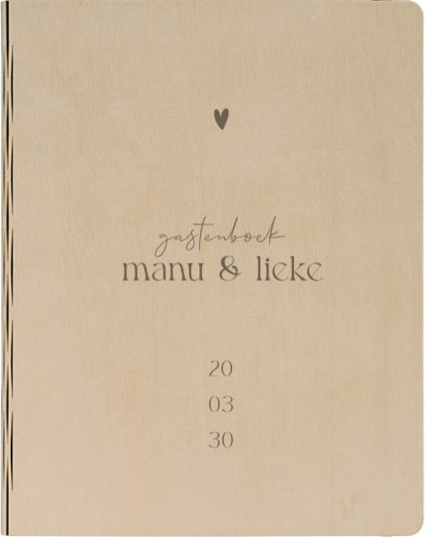 Houten gastenboek met stijlvolle typografie en hartje