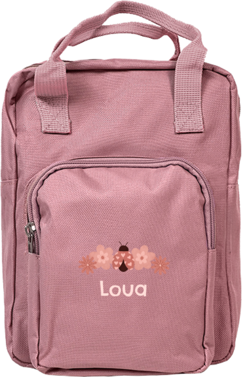 Rugzak Classic met naam, lieveheersbeestje en bloemen