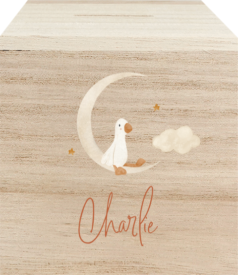 Houten spaarpot met naam, eendje en maan