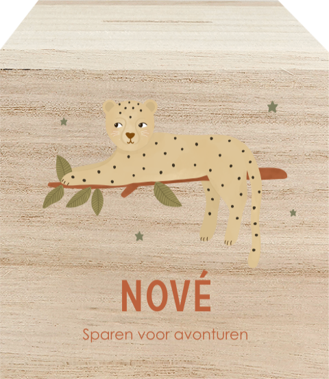 Houten spaarpot met naam en luipaard