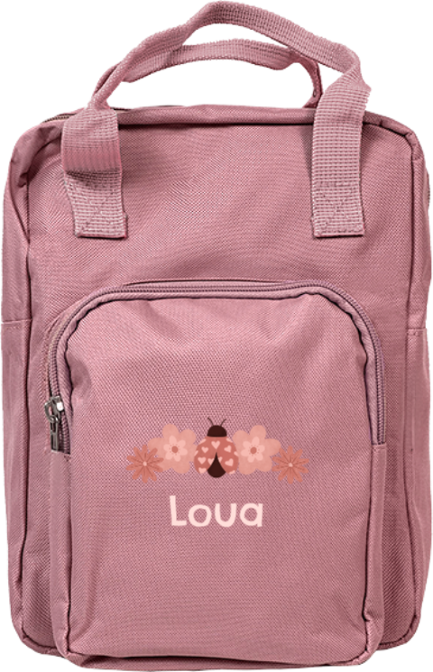 Rugzak Classic met naam, lieveheersbeestje en bloemen
