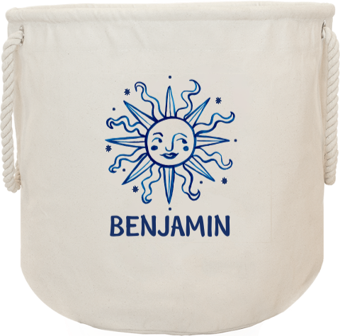 Opbergzak met naam en blauwe zon