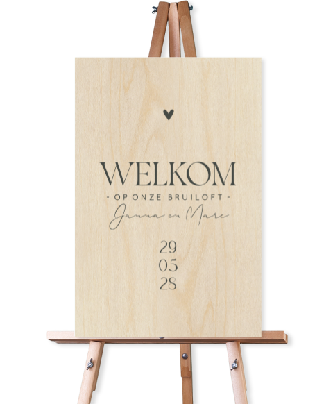 Houten welkomstbord bruiloft stijlvol met hartje