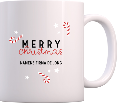 Relatiegeschenk kerst mok bedrukken met zuurstokken