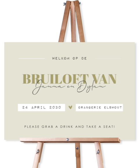 Welkomstbord bruiloft in groen met stijlvol schrift