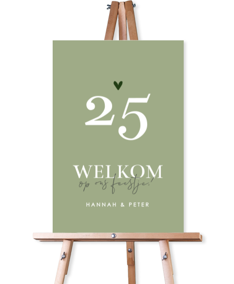 Welkomstbord 25 jarig huwelijksjubileum in groen met hartje