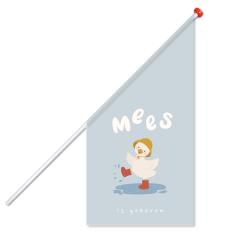 Geboortevlag in blauw met eendje in regenlaarsjes