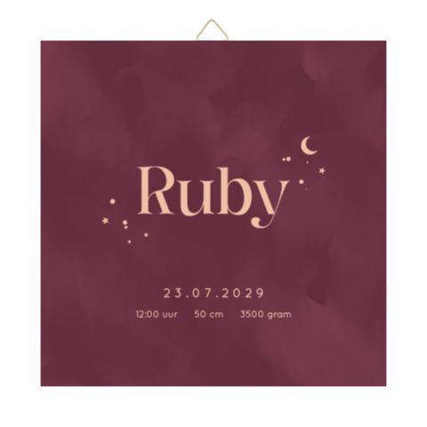 Geboorte tegeltje in bordeauxrood met maan en sterretjes