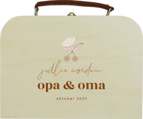 Koffertje zwangerschapsaankondiging met kinderwagen voor opa en oma