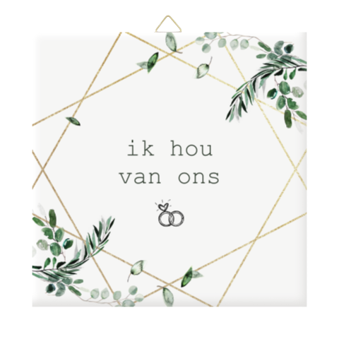 Tegeltje bruiloft met geometrische vormen en eucalyptus takjes