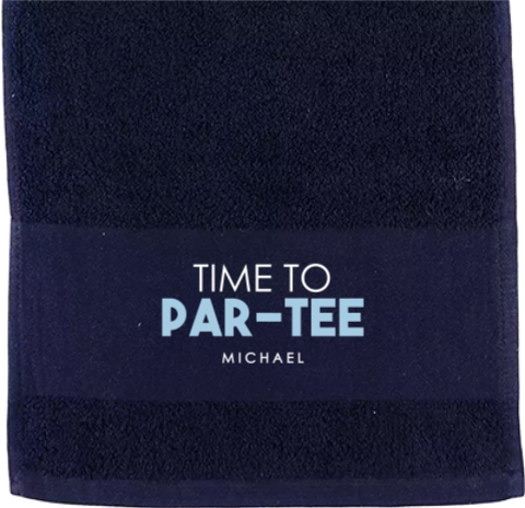 Golfhanddoek met time to par-tee tekst als sportief relatiegeschenk