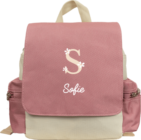 Rugzak Adventure met naam, initiaal en bloemen