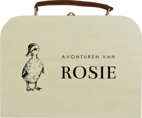 Houten koffertje met schattig eendje en naam
