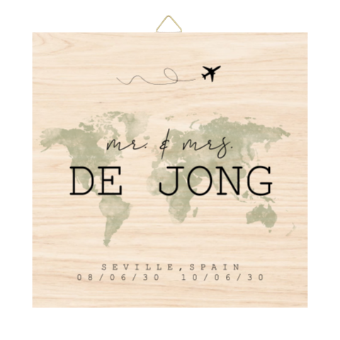 Houten tegel bruiloft met wereldkaart in groen