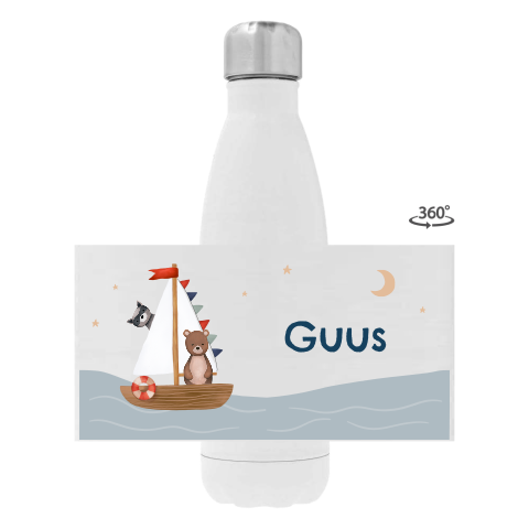 Rvs drinkfles met naam en dieren in zeilboot