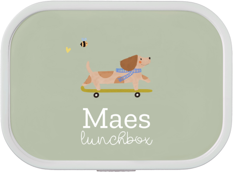 Mepal Campus broodtrommel met teckel op skateboard en naam