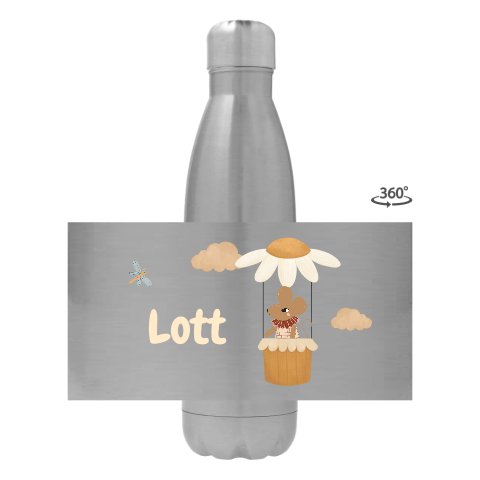 Rvs drinkfles met naam en muisje in luchtballon
