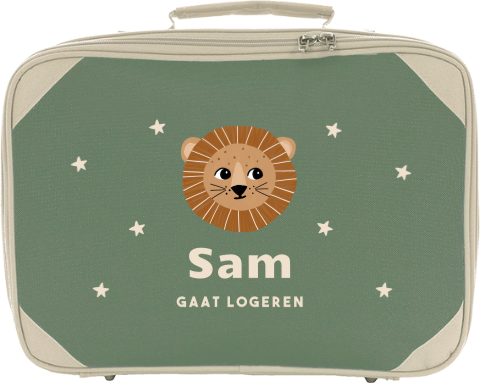 Koffertje met leeuwenkop, sterren en naam