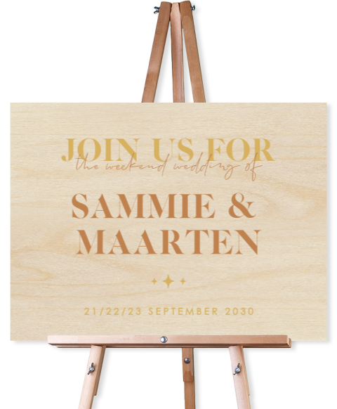 Houten welkomstbord bruiloft typografisch in neutrale kleuren