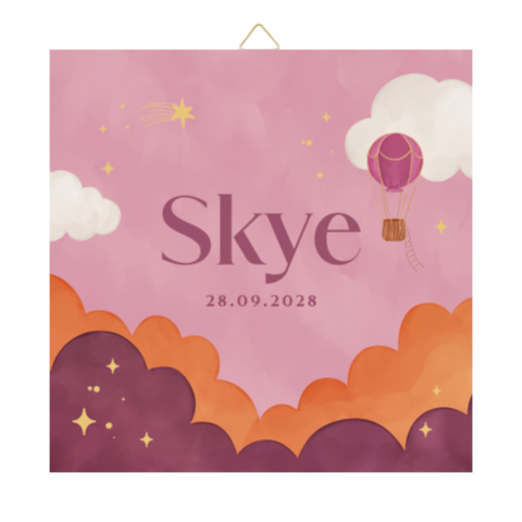 Geboortetegel meisje met roze lucht en luchtballon